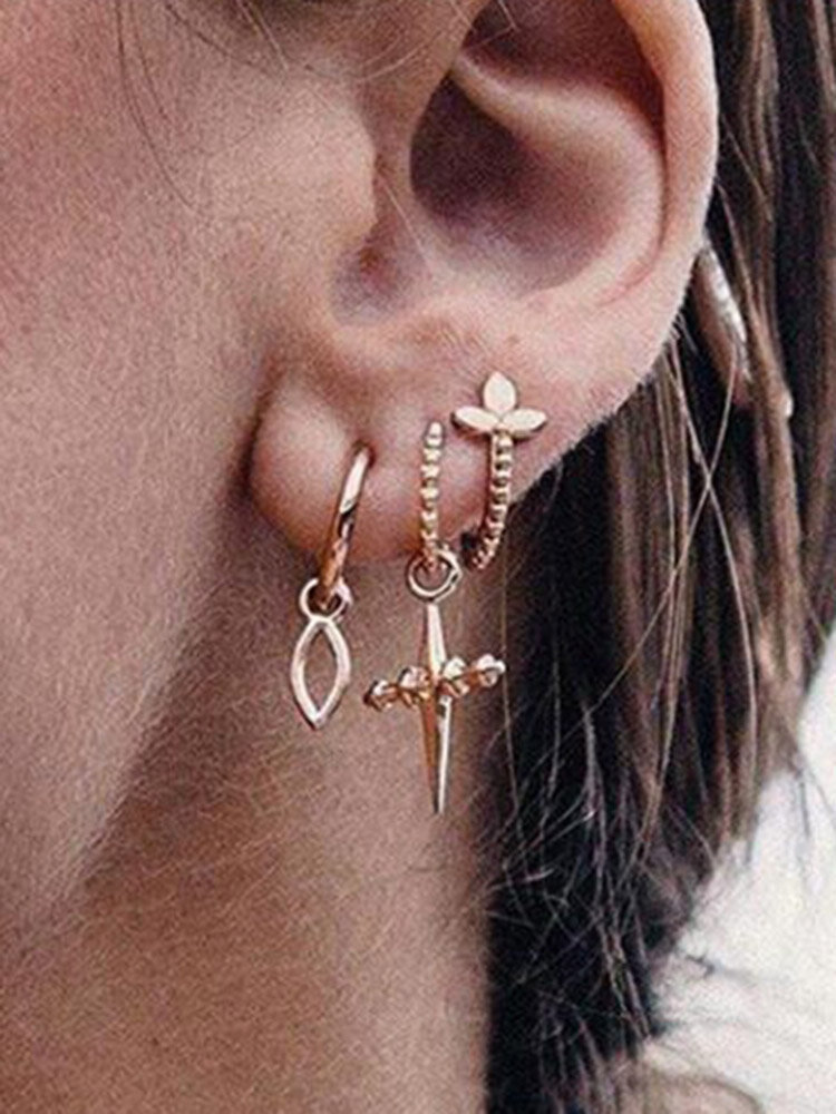 Boucles d'oreilles demi-cercle à la mode croix feuilles pendentif boucles d'oreilles 3 pièces alliage or femmes boucles d'oreilles ensemble