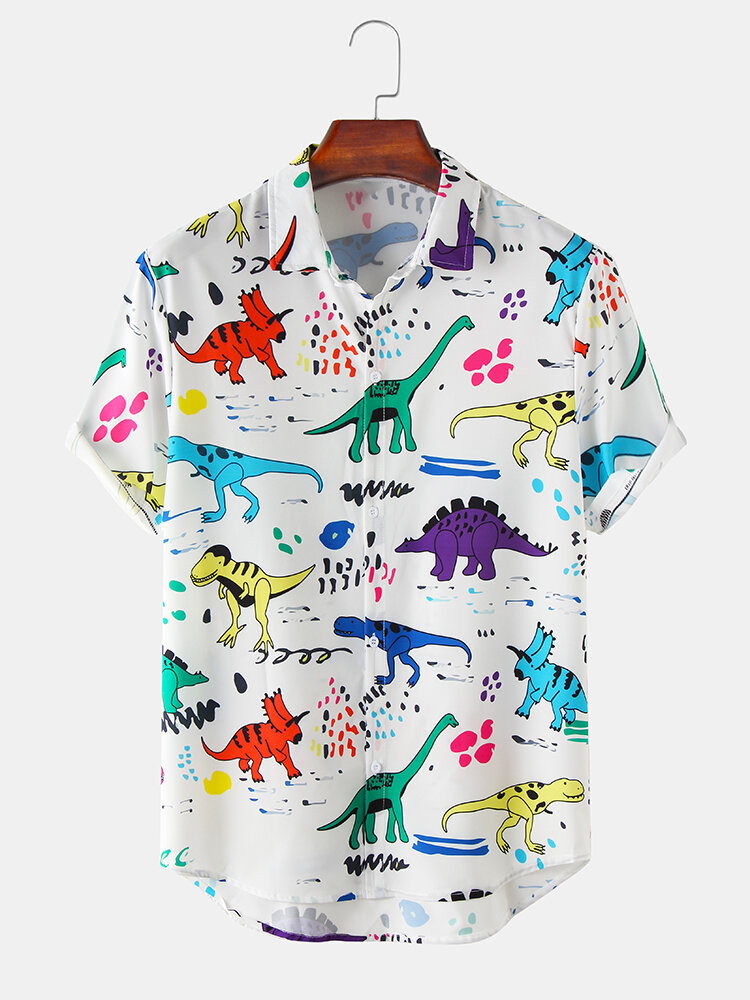 Mens Funny Cartoon Colorful Dinosaur Print Short Sleeve Shirts