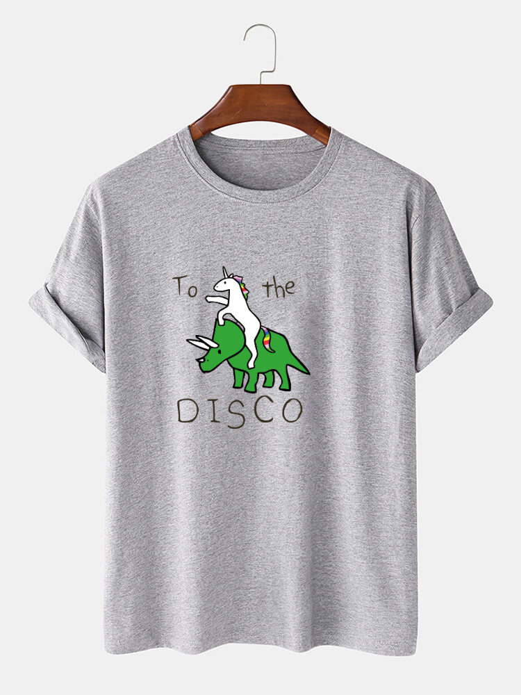 Mens 100% Cotton Cartoon Dinosaur Letter Print Loose Casual T-Shirt