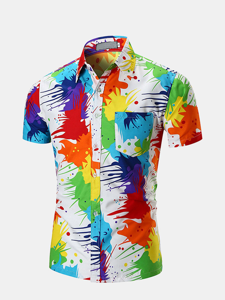 

Chest Pocket Ink Splash Beach Casual Hawaiian Shirts for Men, As picture shows