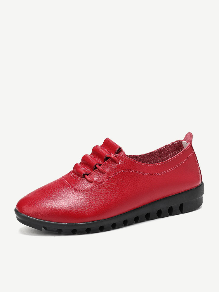 Women Lace-up Leather Solid Color Soft Sole Flat Shoes