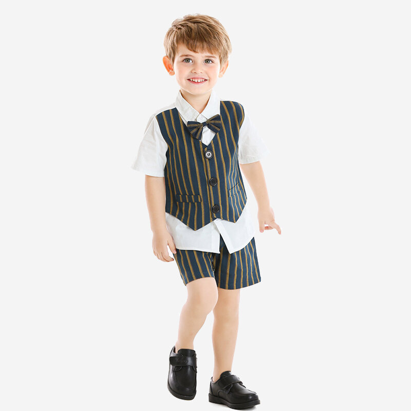 Boy's Fake Two Pieces Striped Waistcoat T-shirt +Pants Formal Suit For 1-8Y