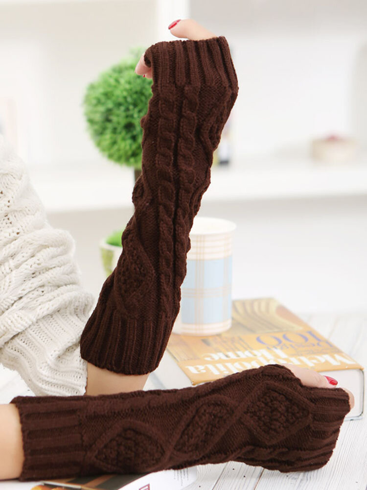 30CM Women Winter Knitting Rhombic Fingerless Long Sleeve Casual Warm Half Finger Gloves