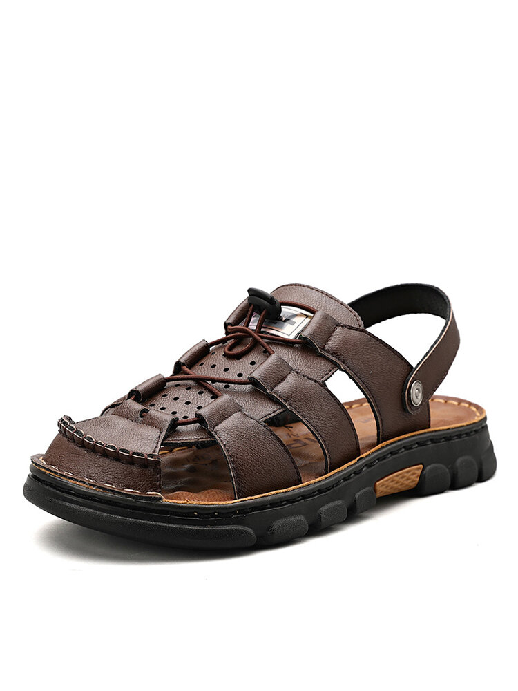 

Men Closed Toe Non Slip Rubber Sole Two Ways Cowhide Leather Outdoor Sandals, Black;brown
