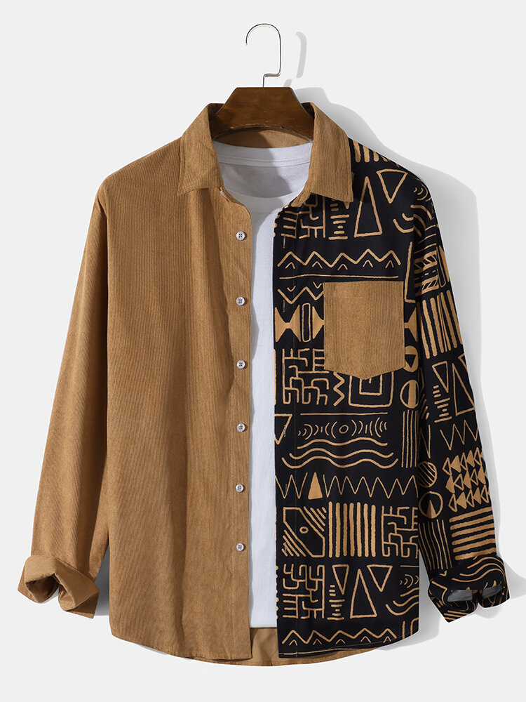 Mens Corduroy Tribal Utensil Printed Long Sleeve Front Buttons Shirts