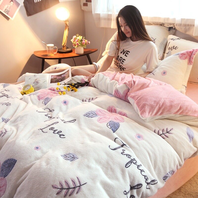 4pcs Coral Fleece Flannel Winter Bedding Set Quilt Duvet Cover Bed Sheet Pillowcase