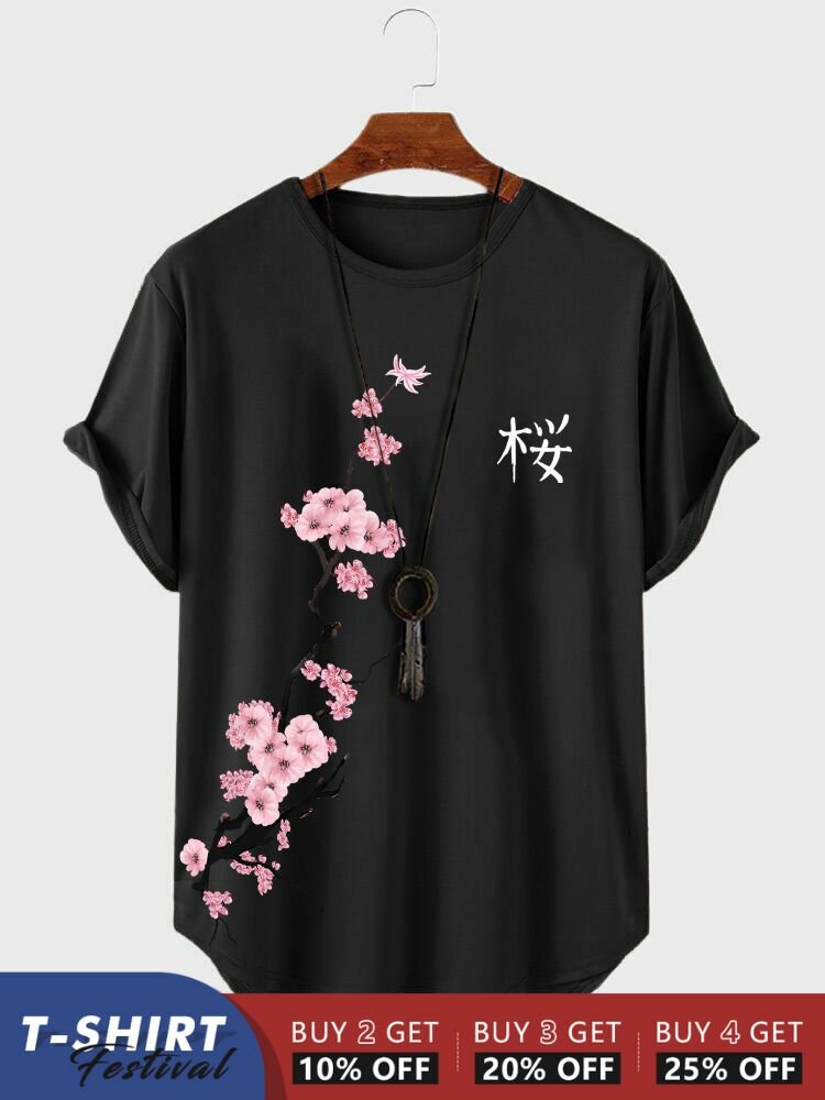 T-shirts à manches courtes et col rond imprimé fleurs de cerisier japonais pour hommes