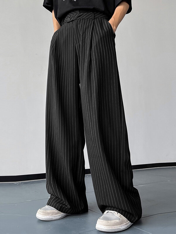 Mens Vertical Striped Pleated Casual Pants