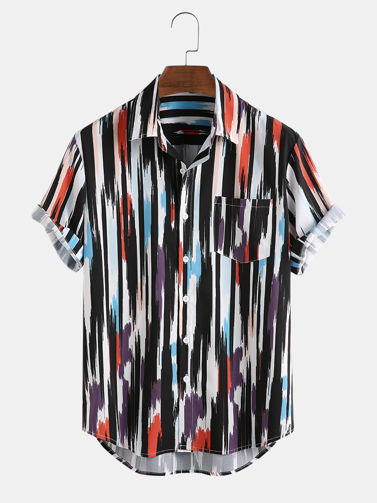 Mens Abstract Striped Print Patch Pocket Short Sleeve Shirts