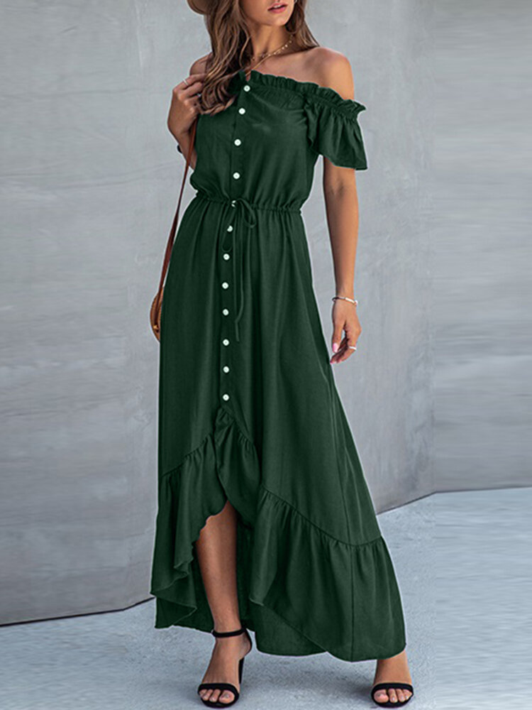 Drawstring Button Ruffle Hem Short Sleeve Solid Color Maxi Dress