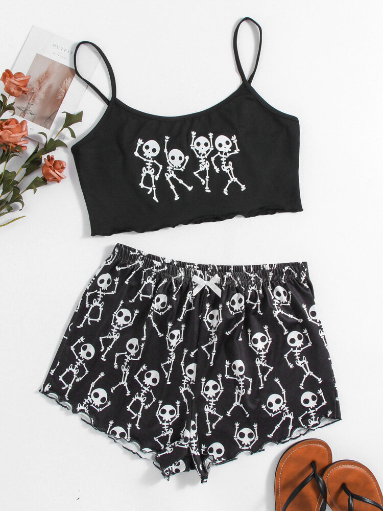 

Women Funny Skull Skeleton Print Crop Top Lettuce Trim Black Strappy Pajamas Sets