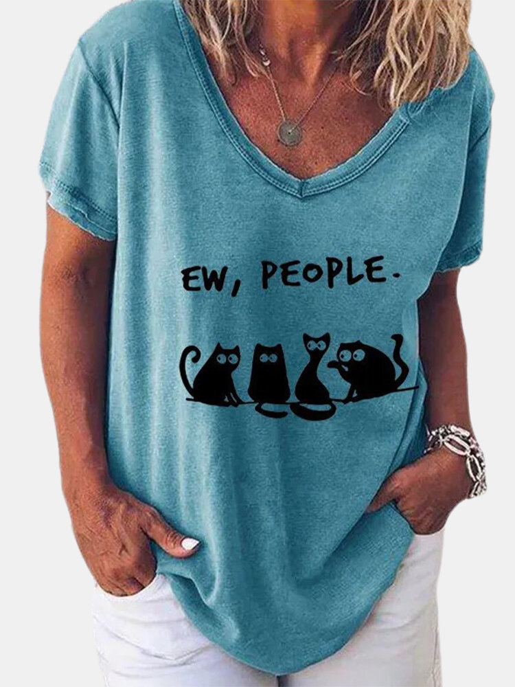 Cartoon Cat Printed Short Sleeve V-neck T-shirt For Women