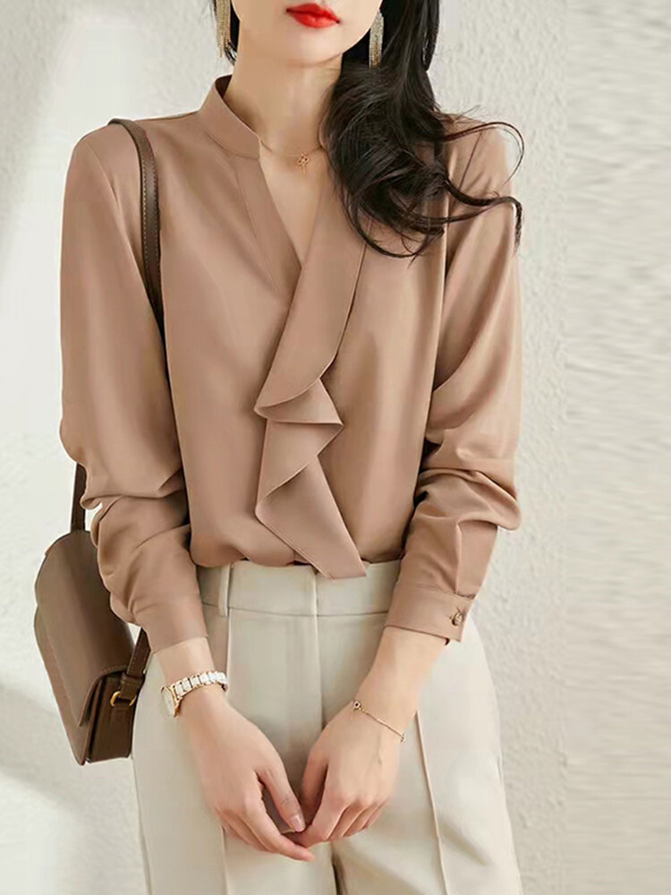 Solid Ruffle Stand Collar Long Sleeve Blouse For Women