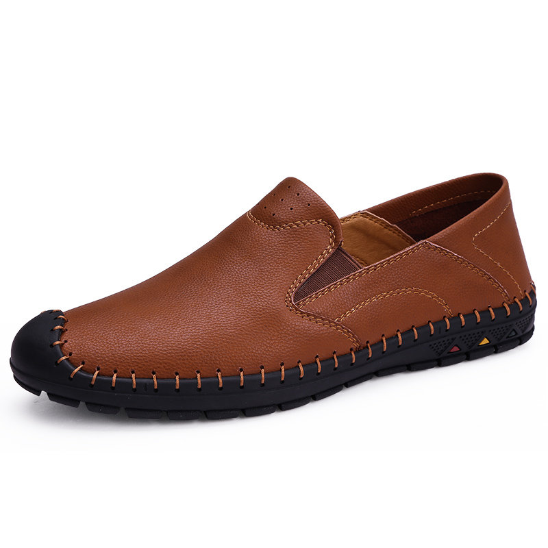 Large Size Men Hand Stitching Leather Anti-collision Slip On Casual Shoes