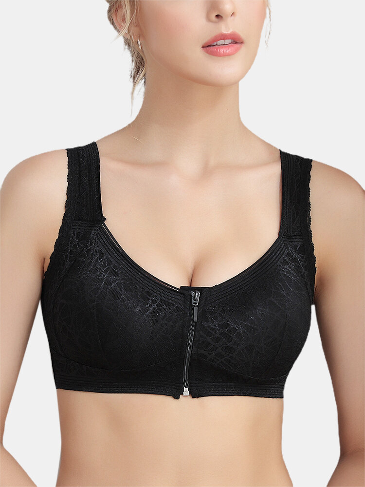 Women Wireless Front Zipper Gather Lace Trims Breathable Comfy Wide Straps Bra