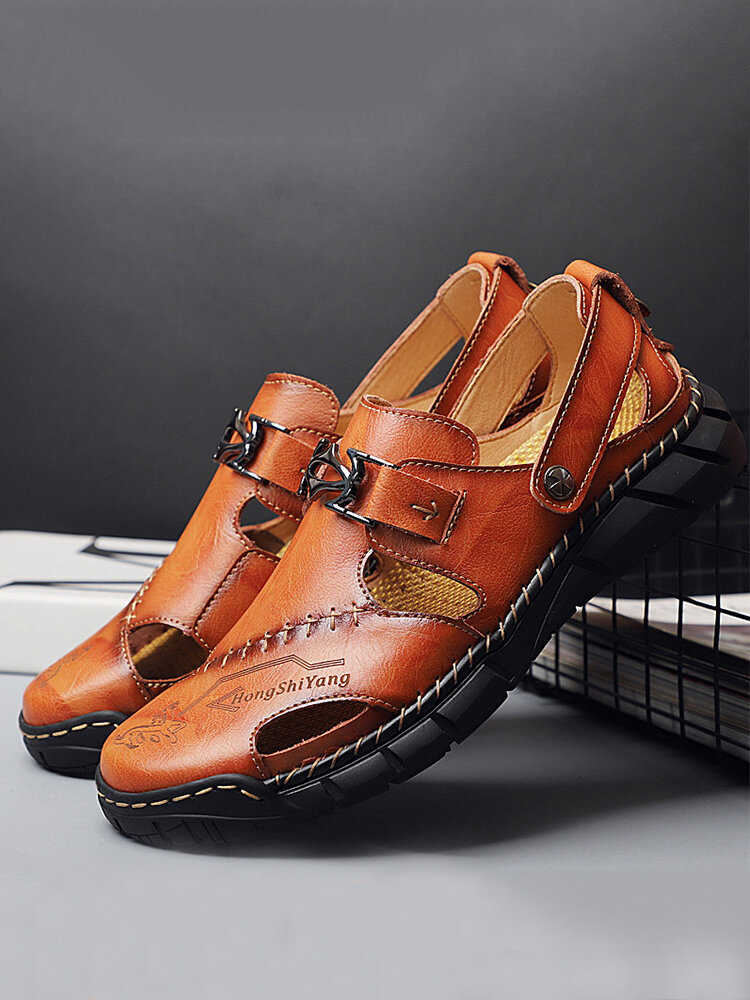 Men Classic Hand Stitching Comfort Outdoor Non Slip Soft Hole Leather Sandals