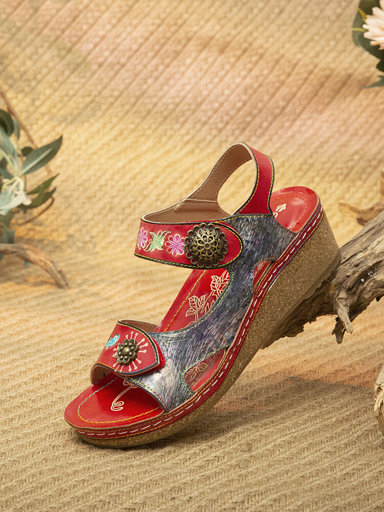 

Socofy Retro Ethnic Floral Print Splicing Leather Wedges Adjustable Hook Loop Comfy Sandals, Green;red