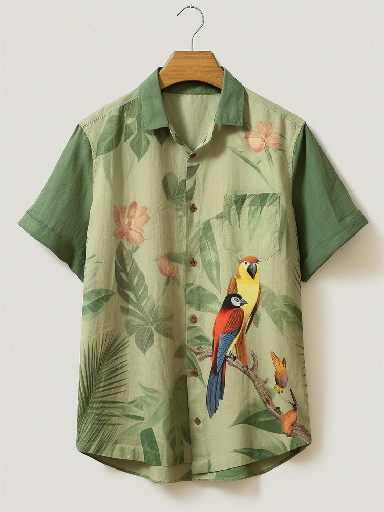 

Mens Tropical Plant Parrot Print Lapel Cotton Short Sleeve Shirts, Green