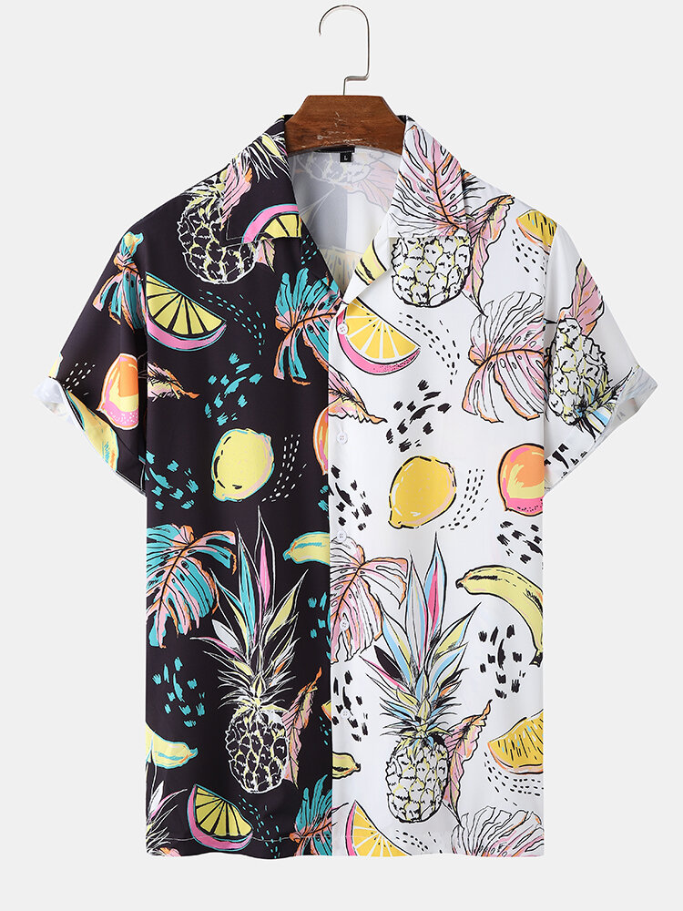 Mens Tropical Fruit Contrast Print Revere Collar Holiday Short Sleeve Shirts