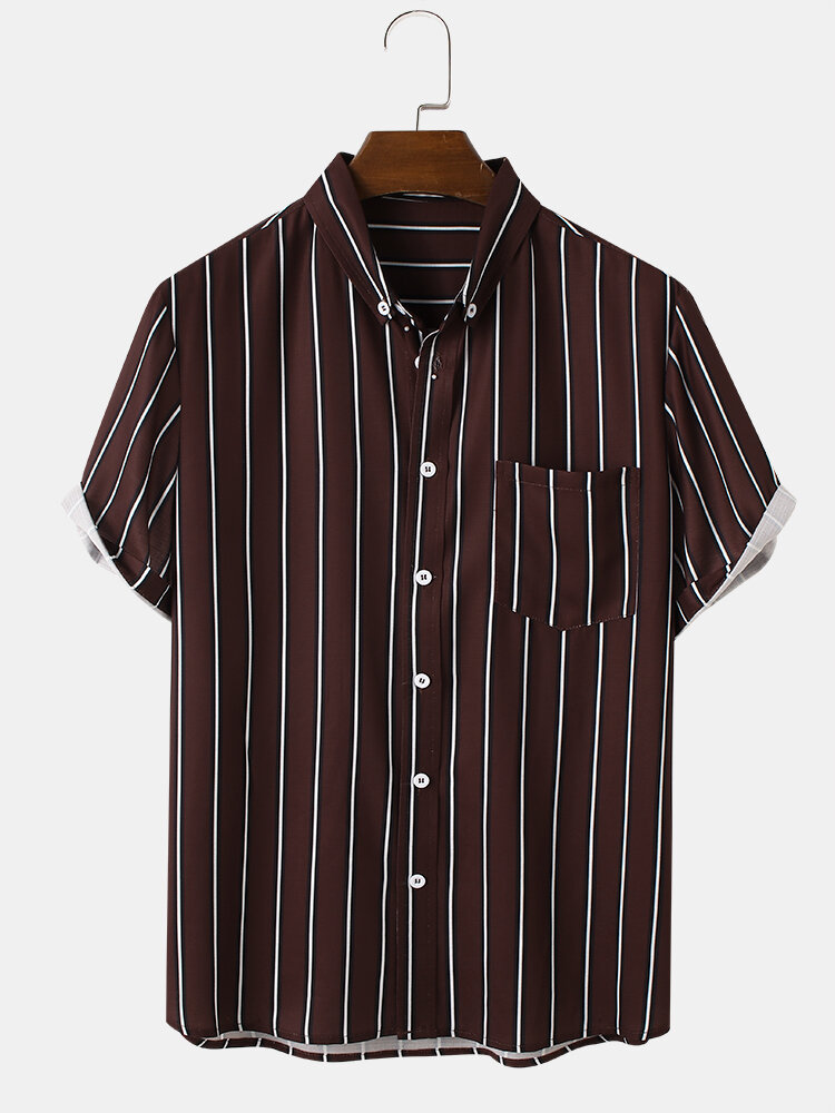 Mens Striped Button Down Collar Casual Short Sleeve Shirts With Pocket