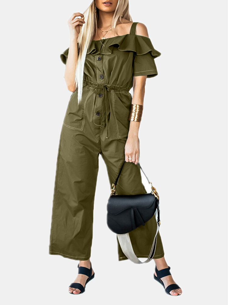 Solid Color Button Pocket Drawstring Off-shoulder Ruffle Casual Jumpsuit