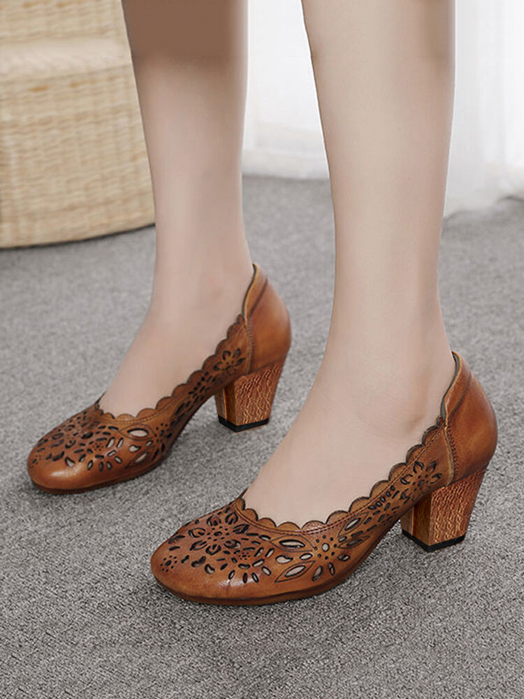 Round Toe Hollow All-match Shallow Mouth Thick Heel Casual Women's Shoes