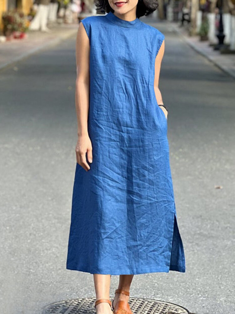 Solid Slit Hem Pocket Sleeveless Stand Collar Midi Dress
