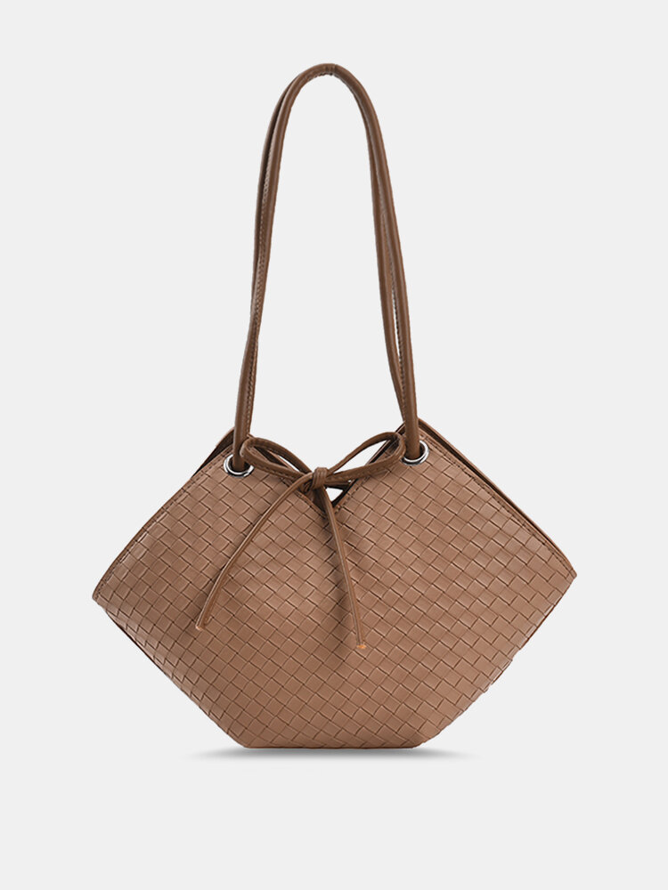 

All-Match Tote Large Capacity Weave Pattern String Decor Shoulder Bag, White;khaki
