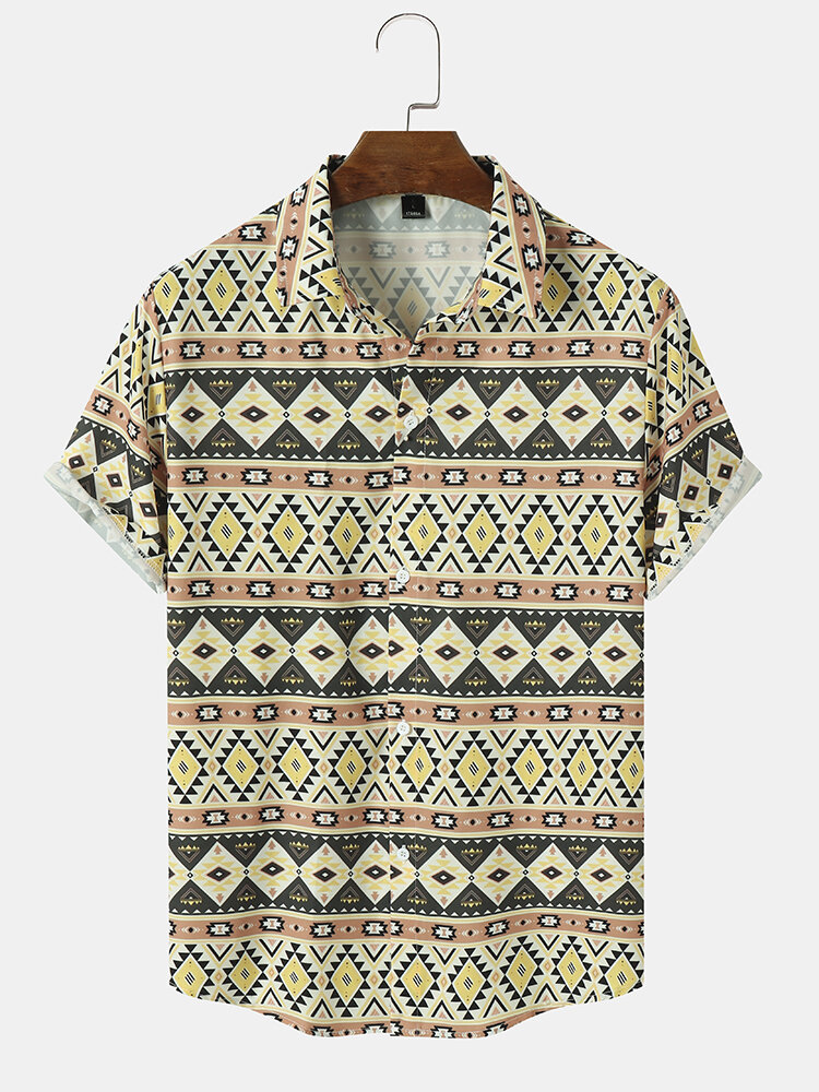 Mens Vintage Argyle Print Ethnic Style Short Sleeve Shirts
