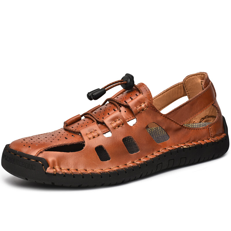 Men Closed Toe Hand Stitching Soft Outdoor Hole Leather Water Sandals