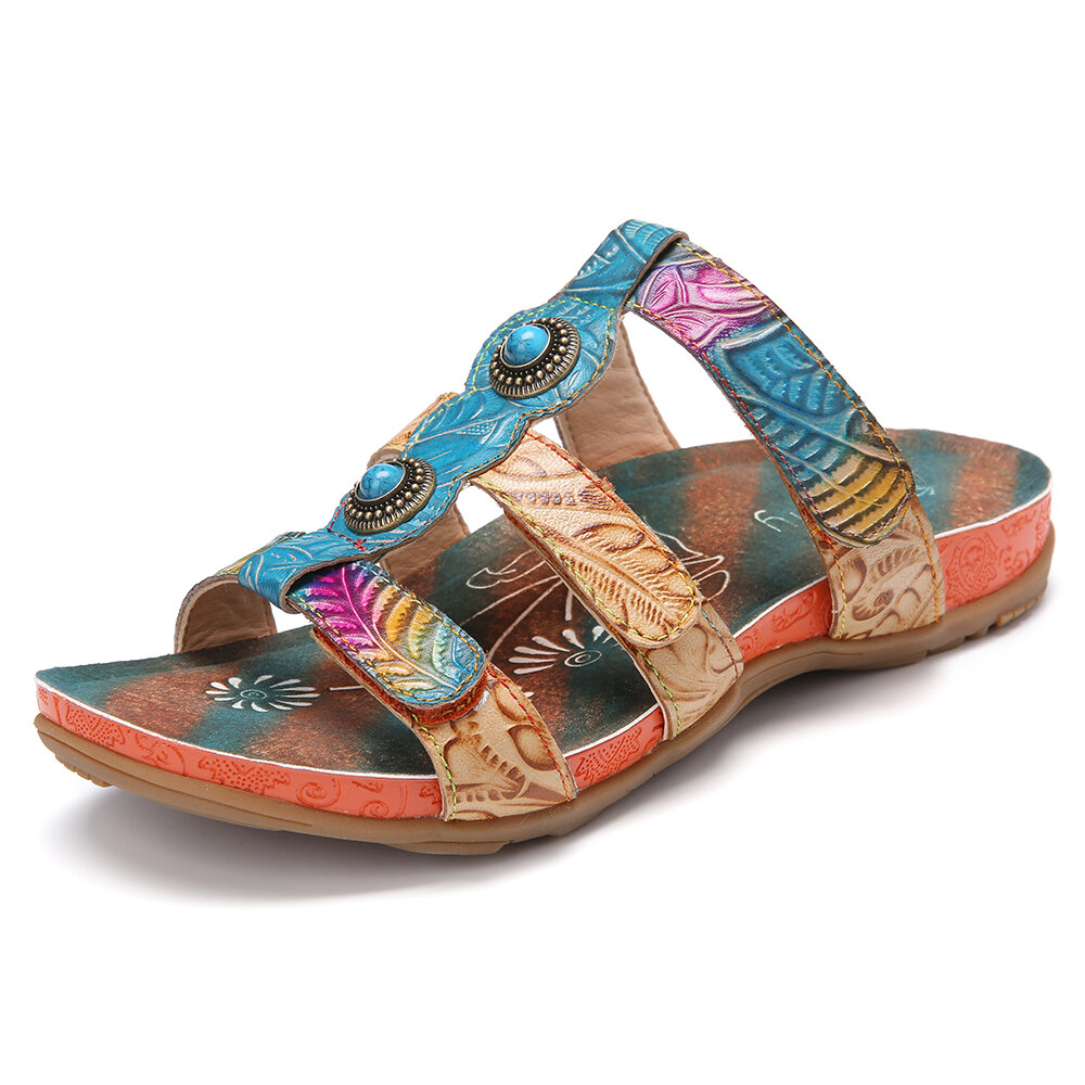 Leather Floral Tie-dyed Beaded Adjustable Strappy Stitching Non-slip Flat Sandals
