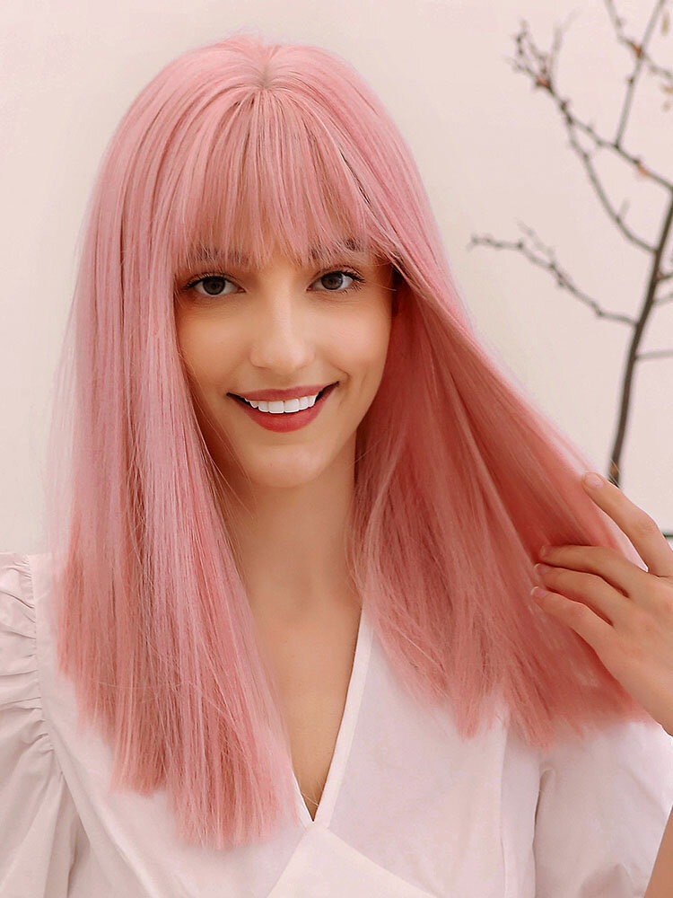 18 Inch Pink Shawl Medium Long Straight Hair Bangs Simple Fashion Heat Resistant Fiber Wig
