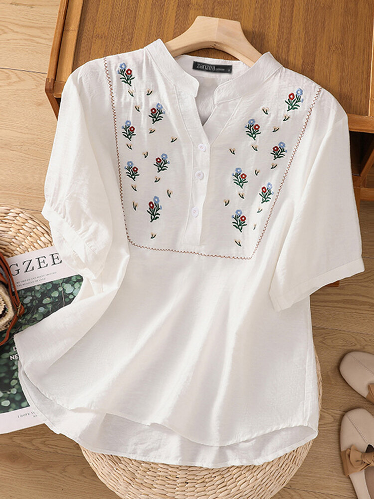 Women Floral Embroidered Stand Collar Half Button Short Sleeve Shirt