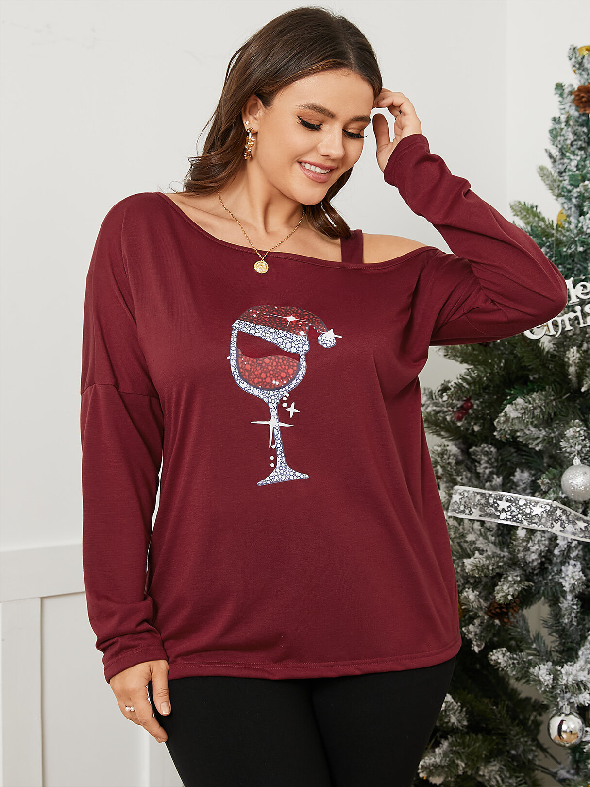 Plus Size Cold Shoulder Graphic Christmas Long Sleeves Sweatshirt