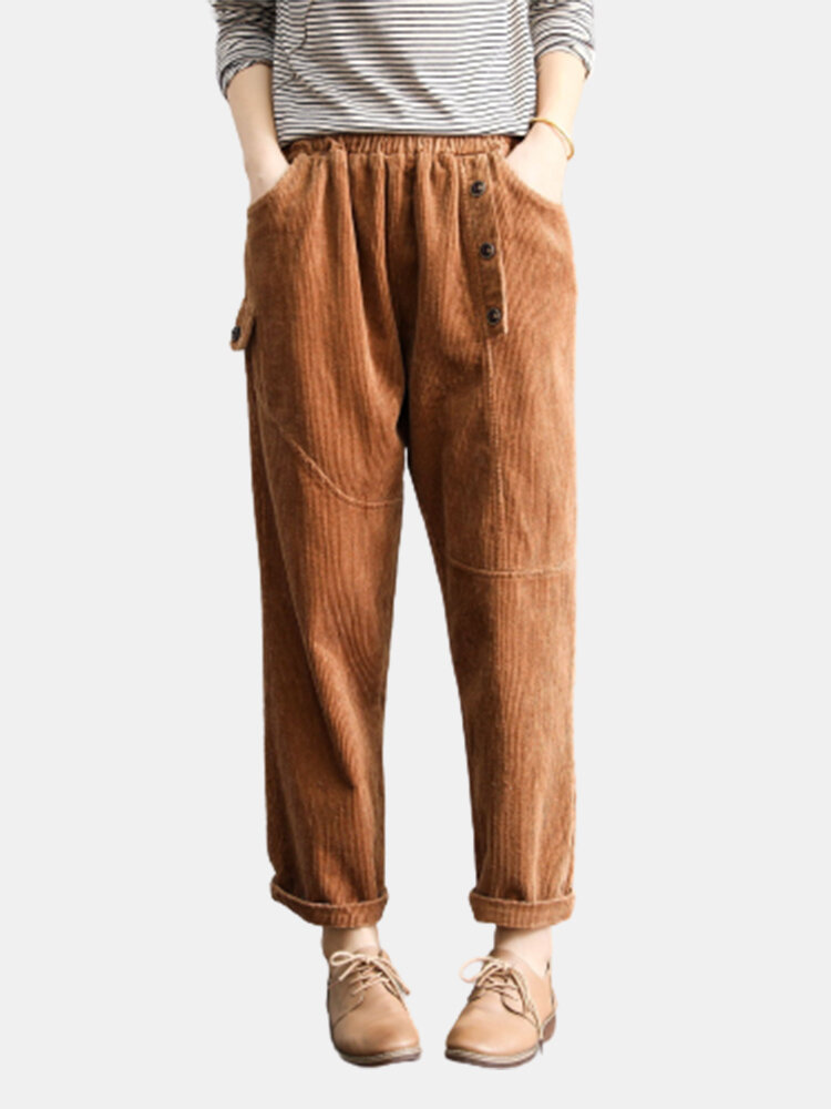 Solid Color Elastic Waist Pocket Corduroy Pants For Women