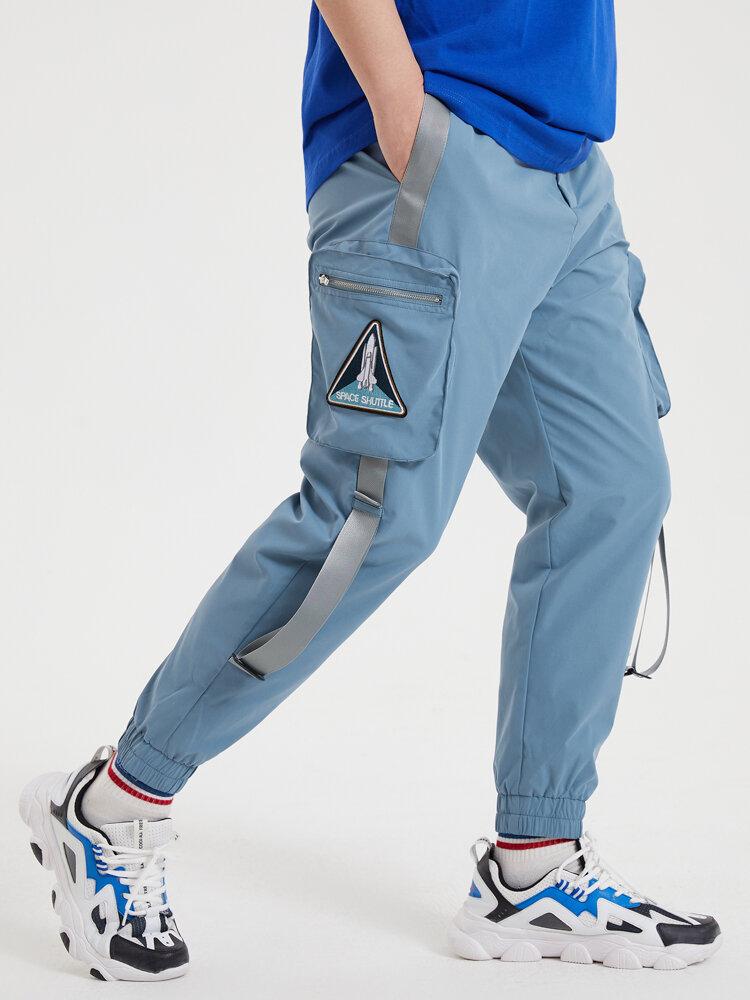 Mens Contrast Strap Design Embroidered Street Cuffed Cargo Pants