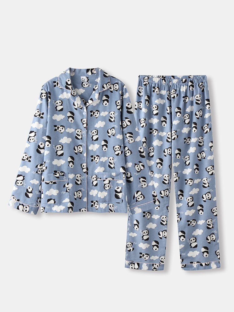Women Pajamas Long Sets Panda Print Cotton Casual Sleepwear For Spring
