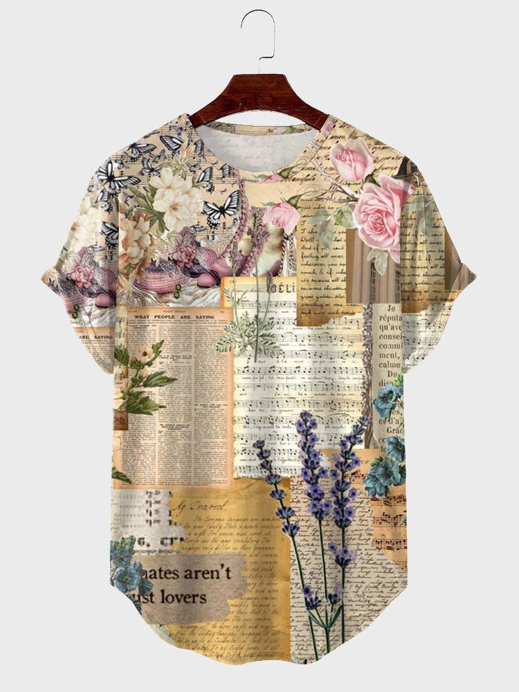 T-shirts à manches courtes avec ourlet incurvé et imprimé floral pour hommes