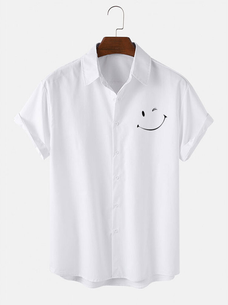 

Mens Smile Emojis Print Button Up Short Sleeve Casual Shirt, White;black;grey
