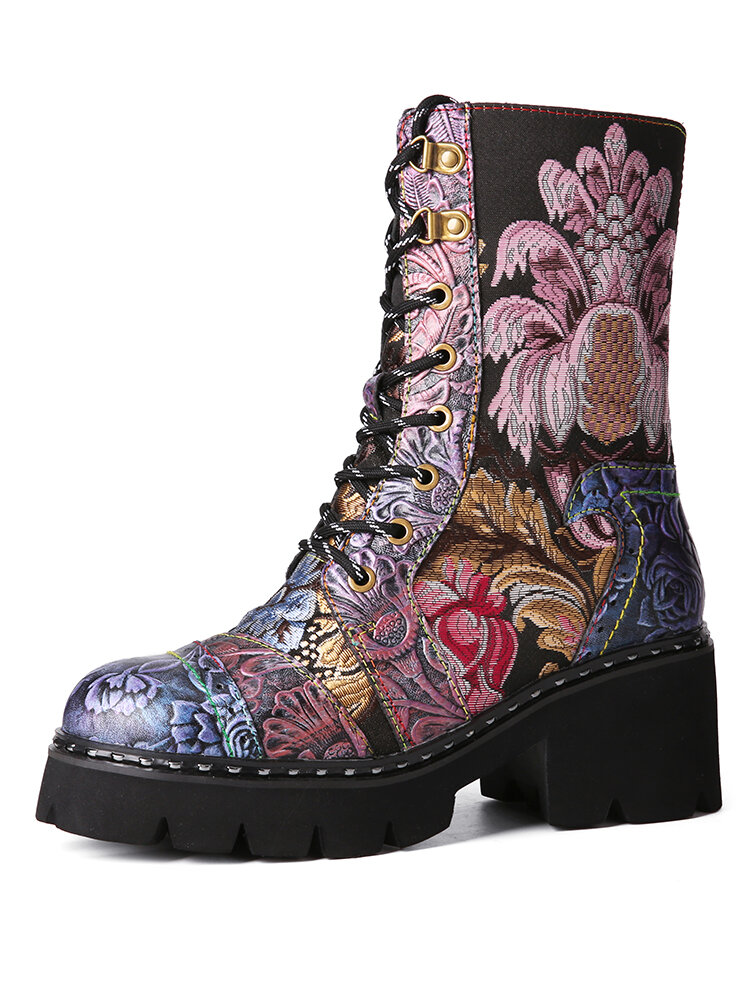 Socofy Vintage Embossed Embroidery Leather Side-zip Comfy Warm Lining Platform Mid Calf Boots