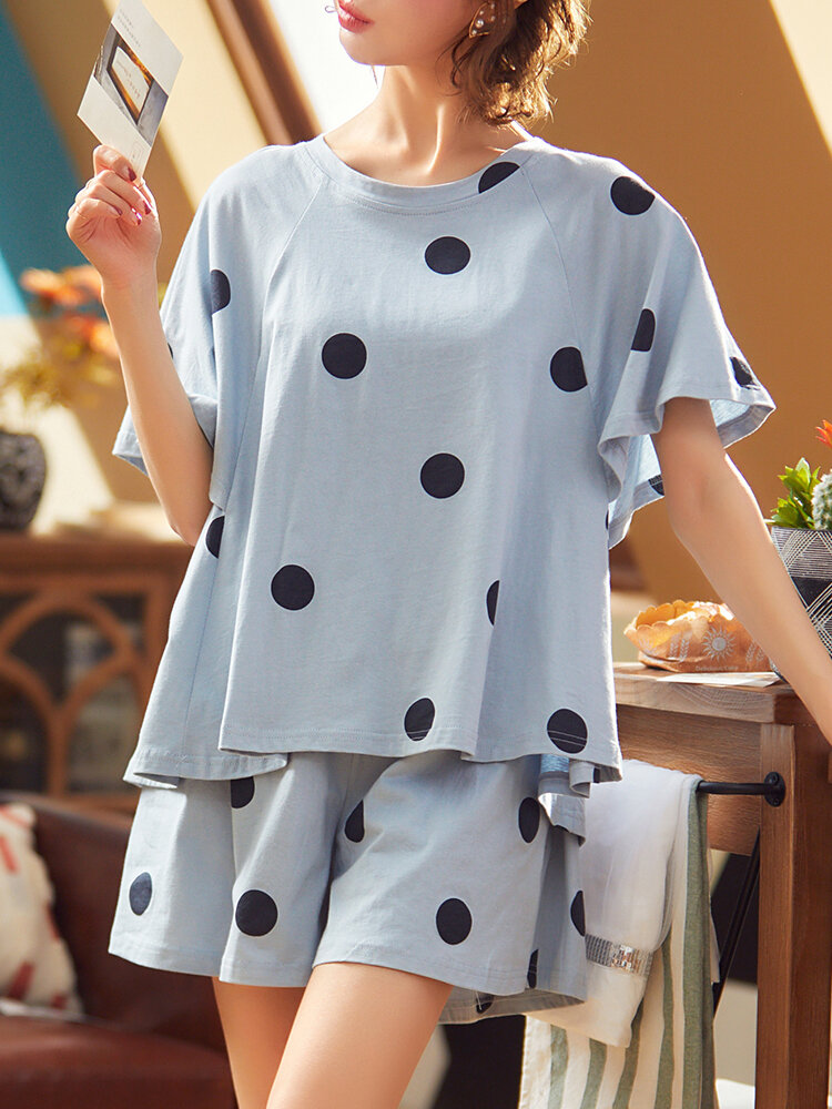 

Women Polka Dot Softies Pajamas Sets Casual O-Neck Short Sleeve Sleepwear, Blue;white
