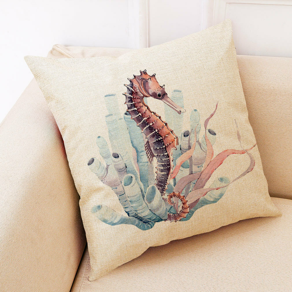 

Watercolor Underwater Creatures Seahorse Linen Cushion Cover Home Sofa Art Decor Throw Pillowcases