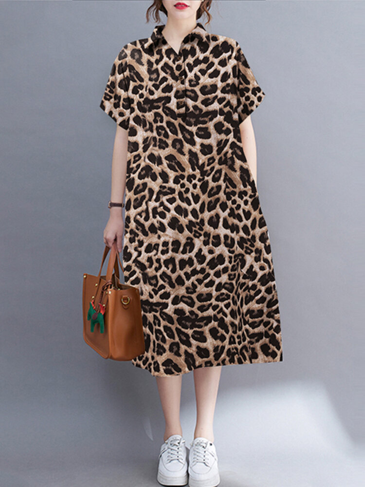 Leopard Print Pocket Loose Lapel Short Sleeve Dress
