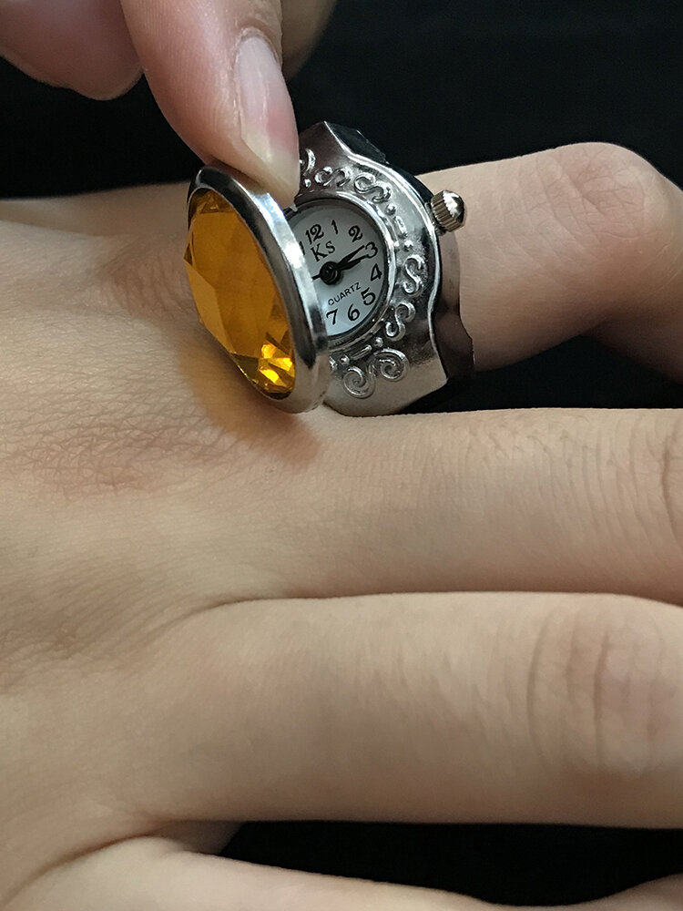 10 Colors Stainless Steel Alloy Vintage Colorful Gems Decor Openable Flipable Mini Couple Quartz Ring Watch