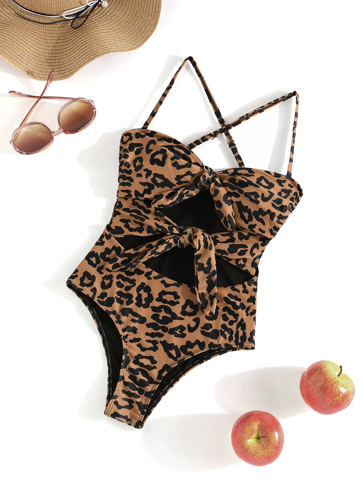 Leopard Solid Adjustable Strap Cut Out One Piece Swimsuit