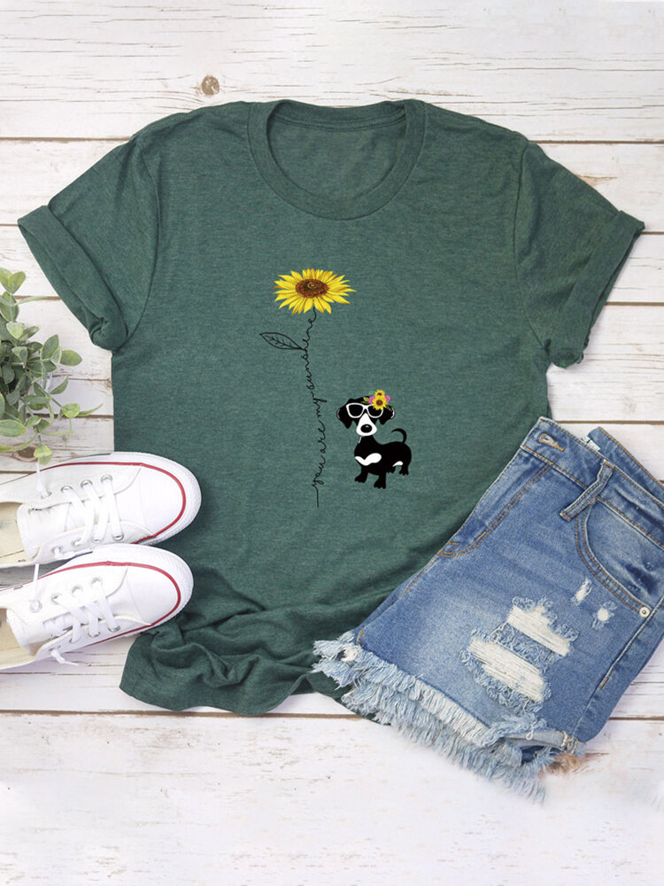 Cartoon Dog Flower Print Short Sleeve T-shirt For Women