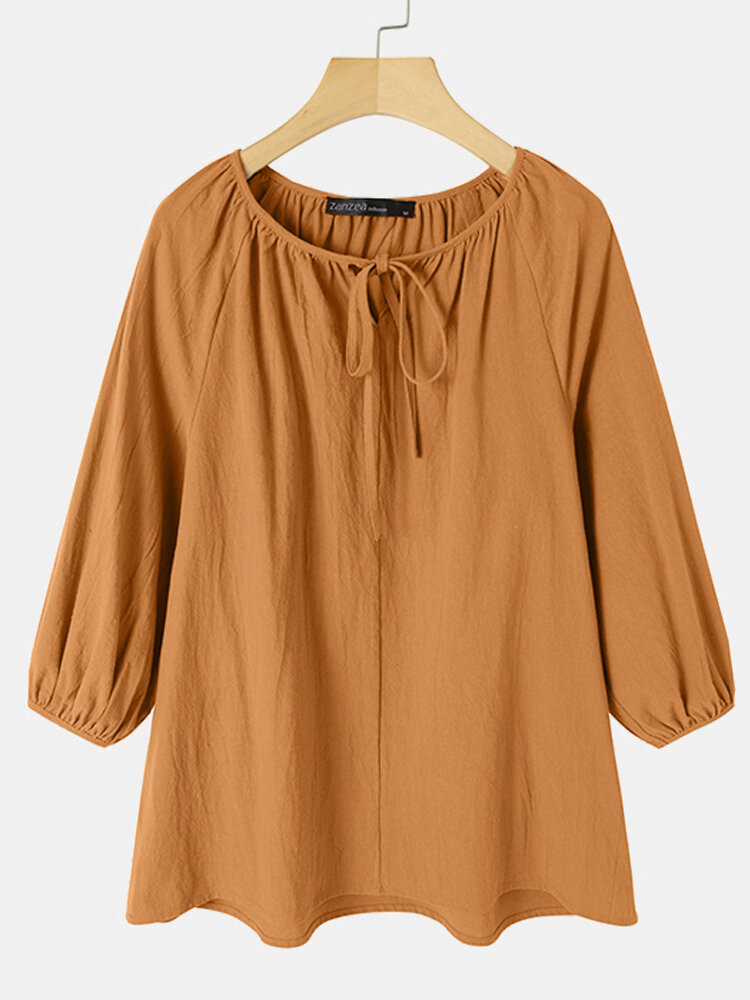 Solid Color Knotted Puff Sleeve Plus Size Blouse for Women