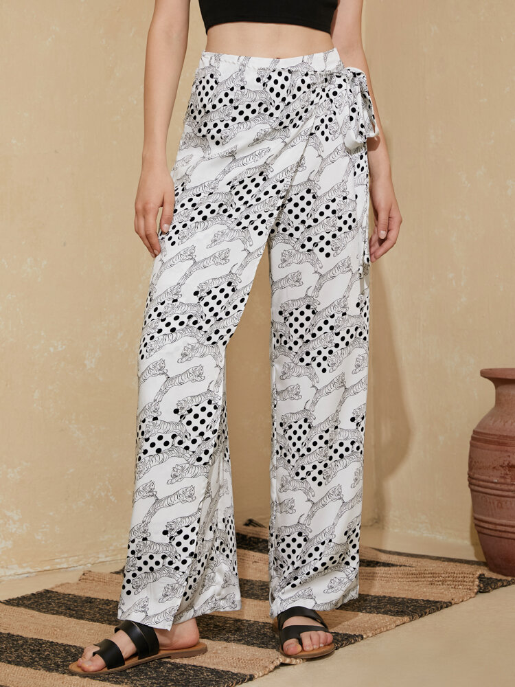 Tiger Dot Print Knotted Elastic Waist Pants For Women