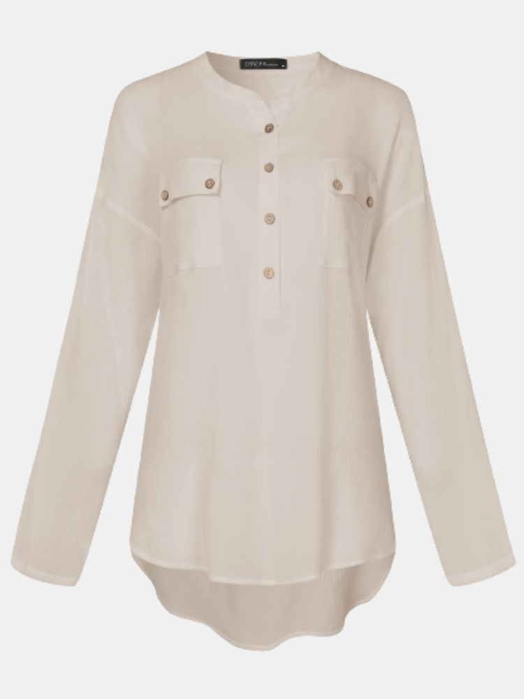 Asymmetrical O-neck Long Sleeve Button Plus Size Shirt for Women