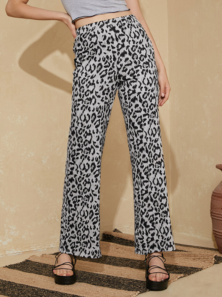 Leopard Print Elastic Waist Straight Leg Pants For Women